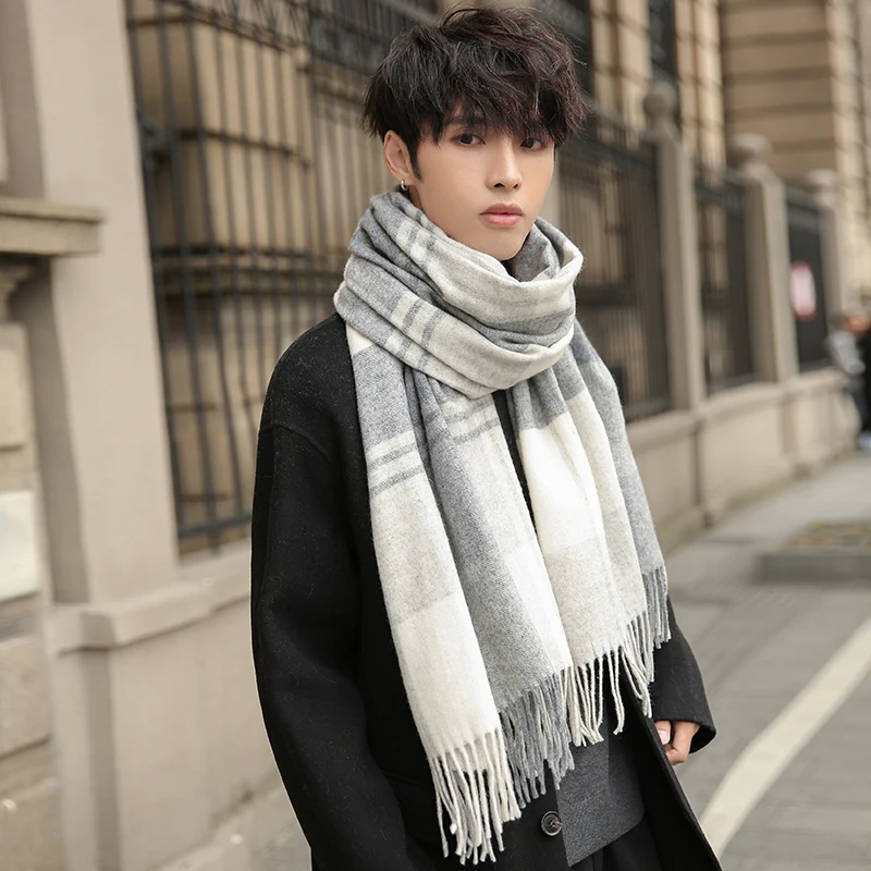 Winter Wool Scarf for Men Classic Plaid Wraps Foulard Male Cashmere Echarpe Warm Fashion Pure Wool Scarves Bufandas Hombre