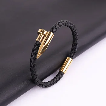 High Quality Punk 316L Stainless Steel Clasp Real Genuine Leather Bracelet Men Jewelry Gift