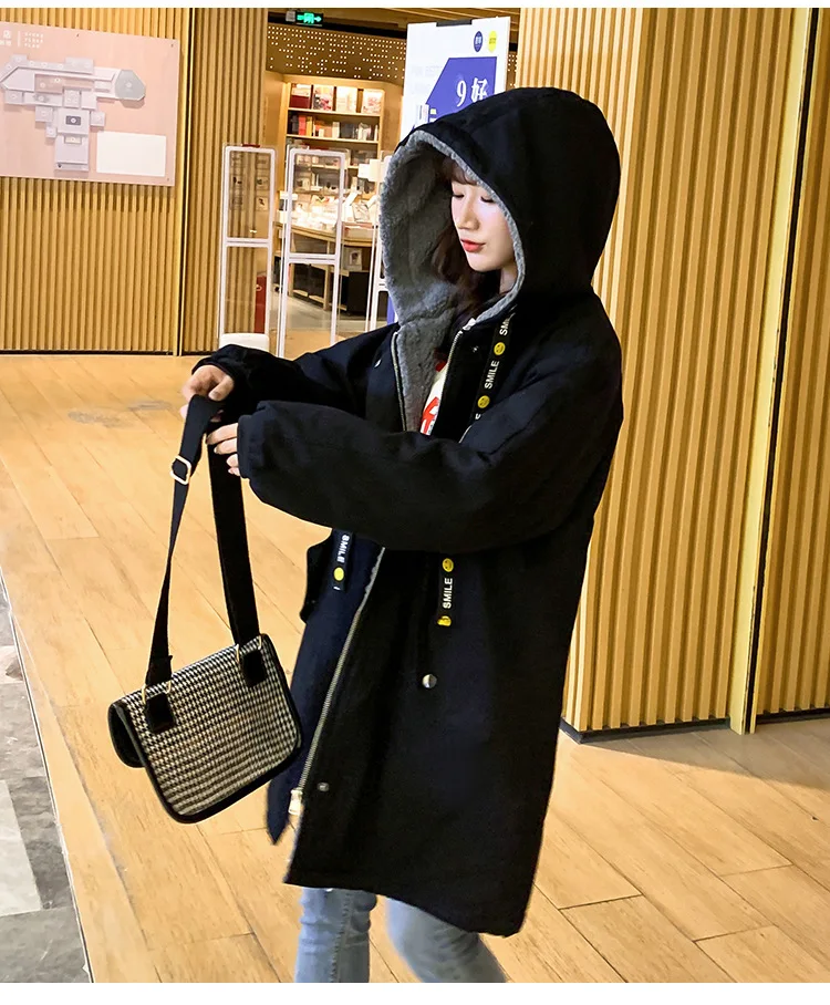 Lambs Wool Coat Women's Winter 2 Junior High School Students Korean-style Loose-Fit Mid-length Thick plus Velvet Clothes