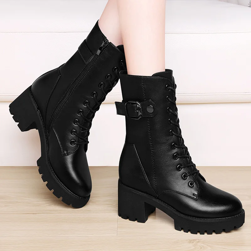 

Motorcycle Boots Women's 2019 Autumn And Winter New Style Genuine Leather Martin Boots British Style Chunky High Heel Boots Boot