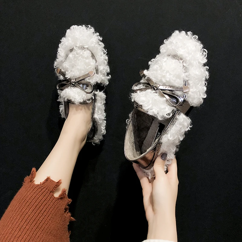 

2019 Women Flats Plush Bow Soft Slip-on Loafers Women's Winter Round Toe Comfort Shoes New Non-slip Warm Casual Shoes Women