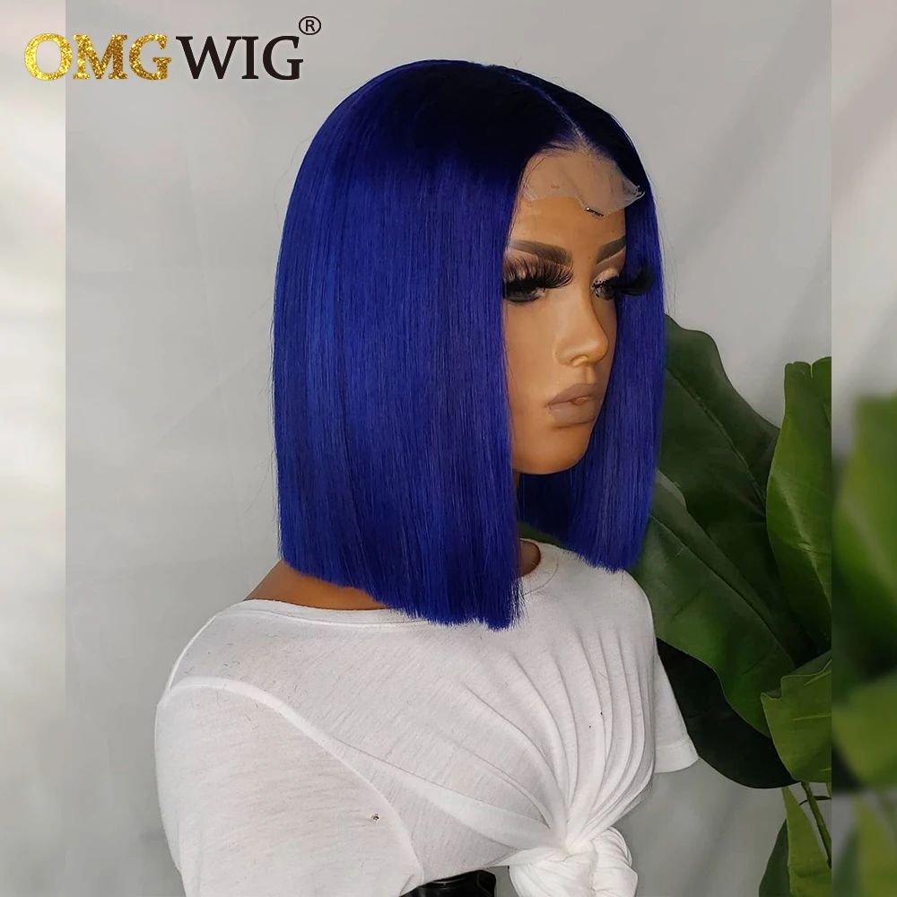 Human Hair Wig 13x4 Lace Frontal Bone Straight Blue Colored 4x4 Short Bob For Black Women Pre Plucked Brazilian Remy Hair