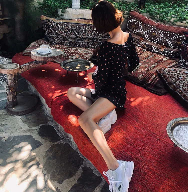 Women Stylish Silk Strawberry Print Long Sleeve Round Neck Mini Dress With Self Tie Drawstring