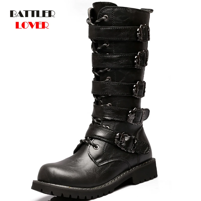 Winter Men Motorcycle Boots 2019 Fashion Mid-Calf Punk Rock Steampunk Shoes Mens Leather Black High top Buckle Casual Boot Man