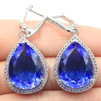 

43x19mm Romantic Created Big Drop Shape Gemstone Rich Blue Violet Tanzanite CZ Gift For Ladies Silver Earrings