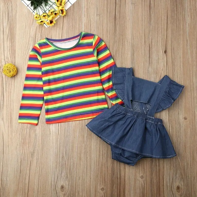 

2Pcs Toddler Baby Girl Rainbow Striped Long Sleeve Tops T-Shirt Denim Romper Backless Jumpsuit Outfit Clothes Set