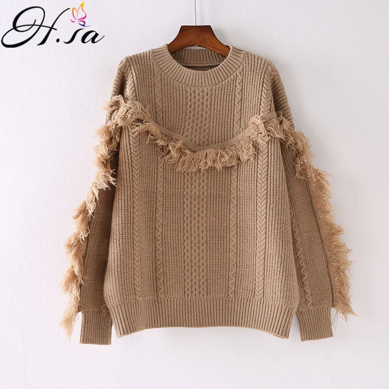 

H.SA New Fashion Sweater and Pullovers Onck Looose Oversized Knitted Tassel Pull Jumpers Green Beige Winter Thick Sweater Jumper