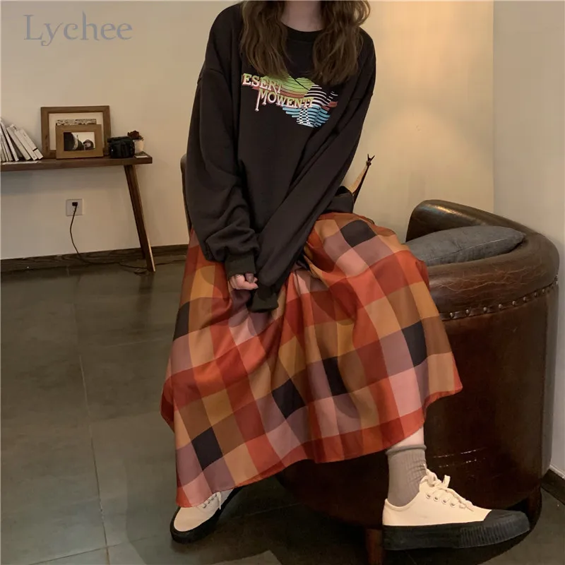 Lychee, Harajuku, клетчатая, хит, цветная, Женская юбка, эластичная талия, средняя длина, юбки для девочек, повседневные, свободные, весна, лето, осень, для девушек