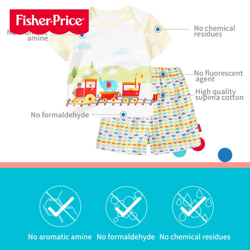 THREEGUN X Fisher-Price/комплект одежды для новорожденных, футболка с короткими рукавами+ шорты, комплект летней одежды для малышей, комплект одежды для маленьких мальчиков и девочек