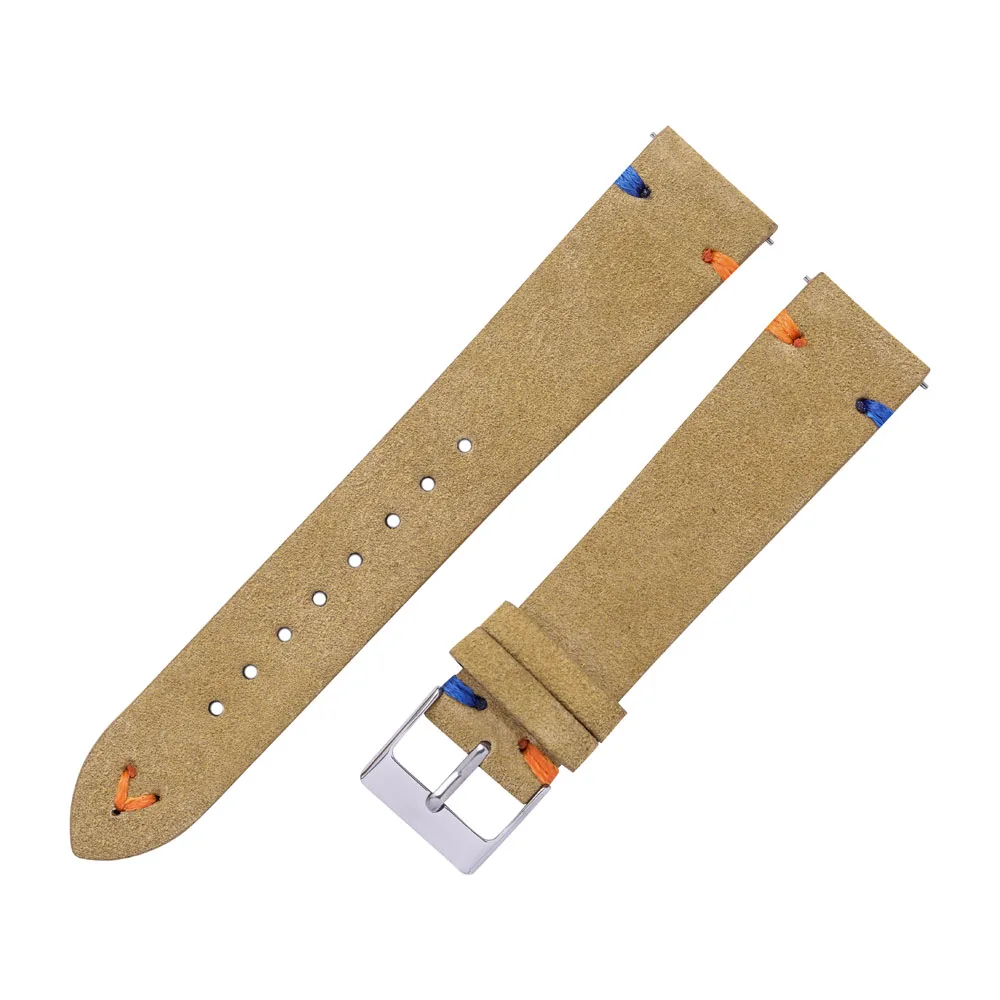 Luxurious Hand-Stitched Suede Leather Watch Straps in Beige, Green, and Blue with Quick Release