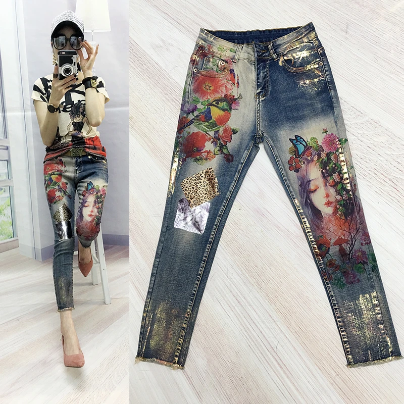 

Casual Denim Skinny Jeans Woman Autumn 2019 New Pant Femme Pencil Jeans Trousers Bronzing Painted Pattern Jeans Denim Trousers