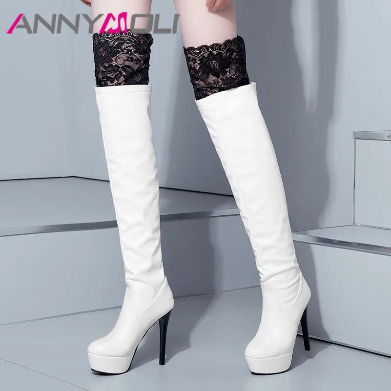 

ANNYMOLI Winter Thigh High Boots Women Sexy Lace Platform Thin Heels Over the Knee Boots Super High Heel Shoes Female Fall 33-43