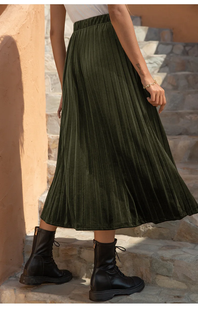 red skirt European and American summer new high-waist women's fashion velvet casual A-line pleated skirt red skirt