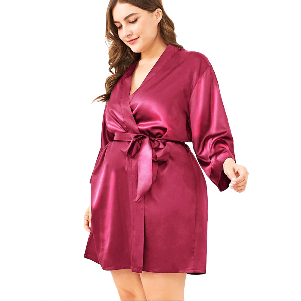 

Women PlusSize Pajamas Imitation Silk Bow Tie Bandgown Three Quarter Sleeve Soild Color V Neck Lace Up Nightgown Nightdress D30