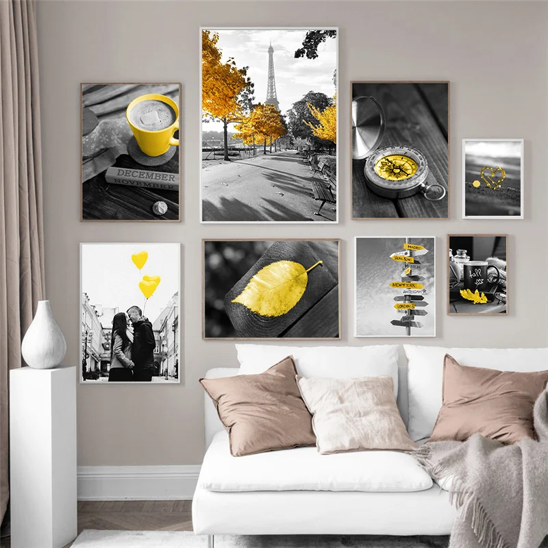 Black-and-White-Photograph-Landscape-Picture-Home-Decor-Nordic-Canvas-Painting-Wall-Art-Yellow-Scenery-Art