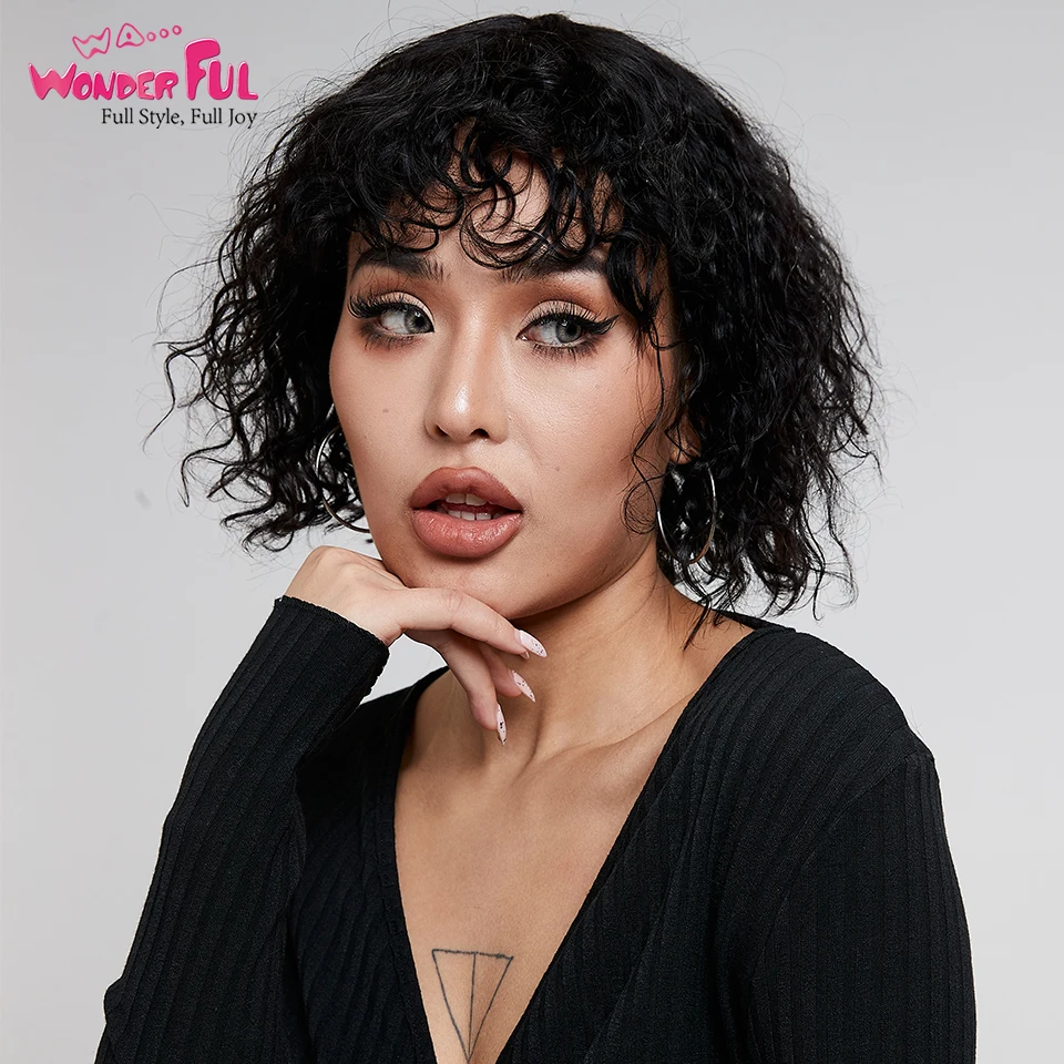 

Wonderful Short Wavy Bob Human Hair Wig With Bangs For Women Ombre Colored Brazilian Remy Hair Black Red Glueless Water Wave Wig