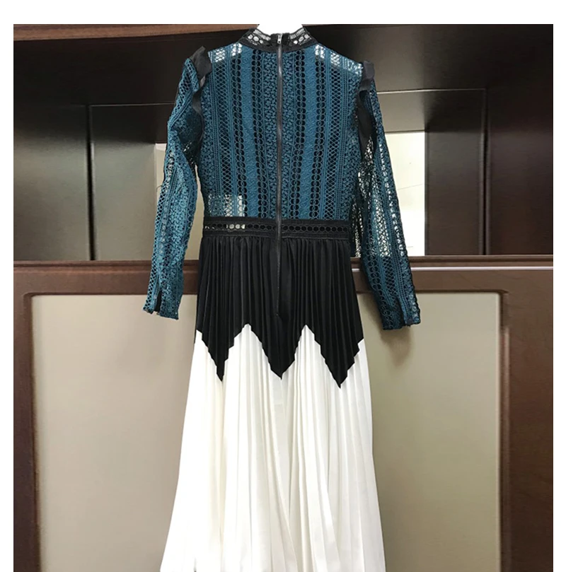 TWOTWINSTYLE кружево лоскутное платье женский выдалбливают Стенд воротник туника высокая талия миди плиссированные платья Весенняя мода элегантный