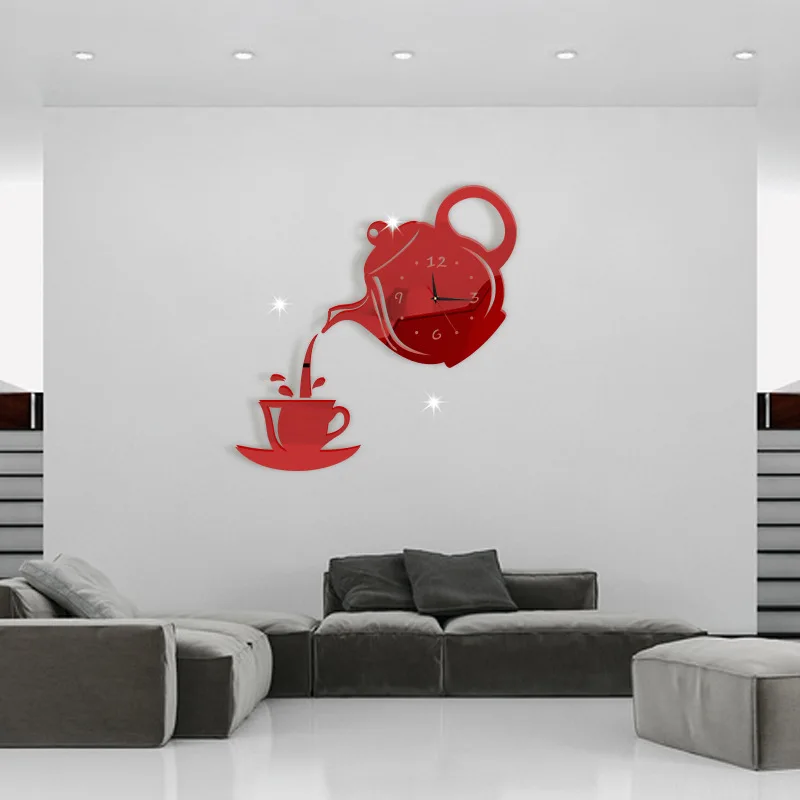 Креативные 3D DIY настенные часы акриловая зеркальная форма кофейной чашки чайник кухонные настенные часы гостиная столовая домашний декор часы - Цвет: red