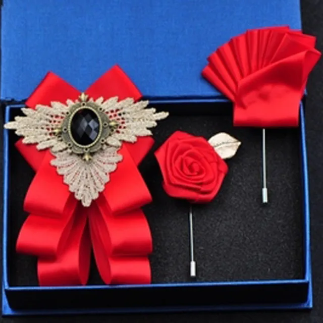 British New Fashion Men's Wedding Performance Groom Wedding-Party Flower Collar Bow Tie Pocket Towel Square Set Men Accessories Red set