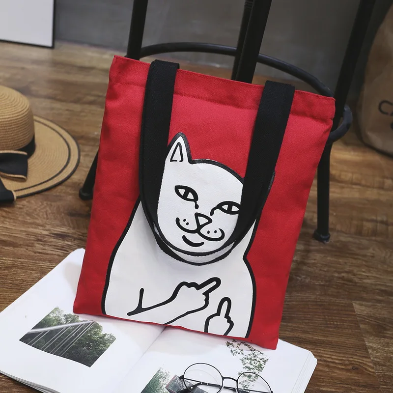 Хлопковая парусиновая Экологичная для шоппинга с ручкой сумка на плечо с принтом милой кошки черная белая красная желтая основа