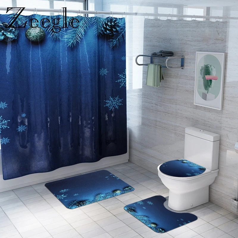 Zeegle Christmas Mat Set for Toilet Decoration Waterproof Shower Curtain Non-slip Toilet Shower Rug Bathroom Doormat Floor Rug