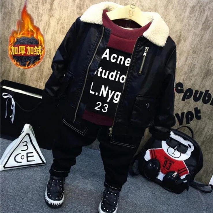 

winter Boys Tracksuit boys clothing Set boys Thicker Faux leather coat + Sweater + jeans 3pcs/sets Boys Sport set 2-6years