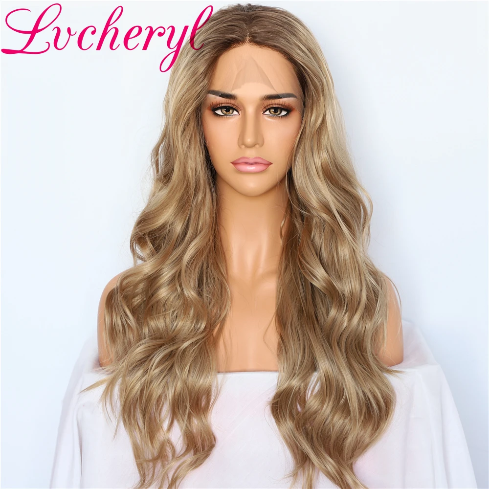Lvcheryl натуральные Длинные Синтетические передние парики на кружеве темные корни Омбре блонд волнистый Тип термостойкие волосы парики для женщин