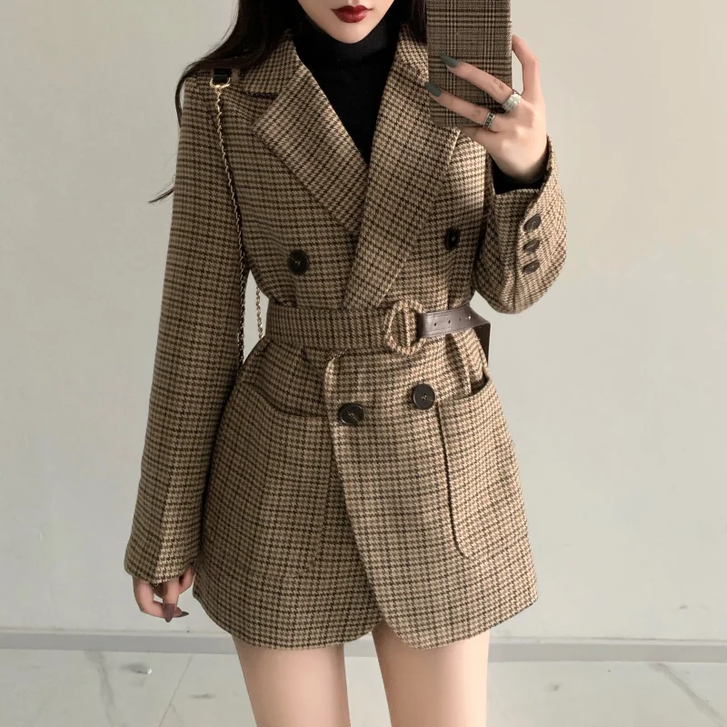 Fashion Double Breasted Office Women Plaid Blazer With Belt Long Sleeve Houndstooth Blazer Suits Coats Female Slim Jacket Coat