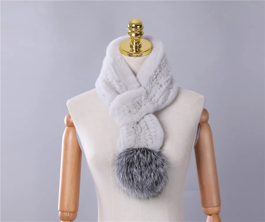Натуральный женский шарф из кроличьего меха Рекс, вязаные меховые шарфы для девочек, натуральный мех, обертывания на шею, теплые серебряные Меховые помпоны, шейный платок - Цвет: Grey