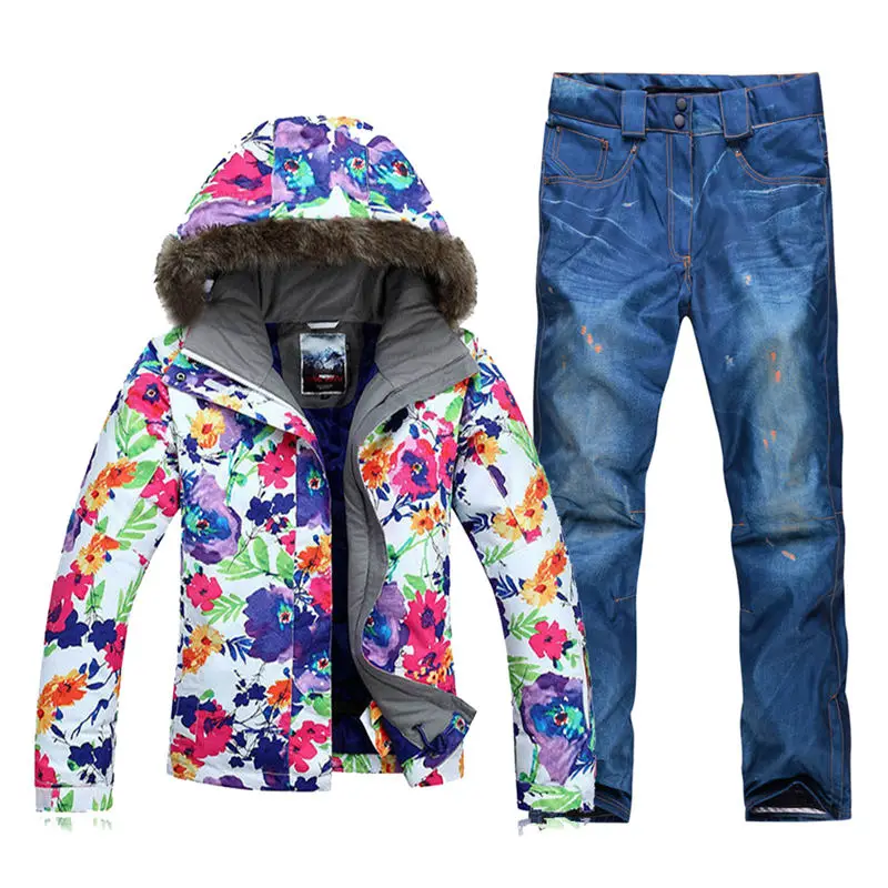 Цветная женская зимняя одежда с цветком, лыжный костюм, 10 K, водонепроницаемая ветрозащитная дышащая уличная одежда для сноубординга, куртка и брюки - Цвет: picture jacket pant