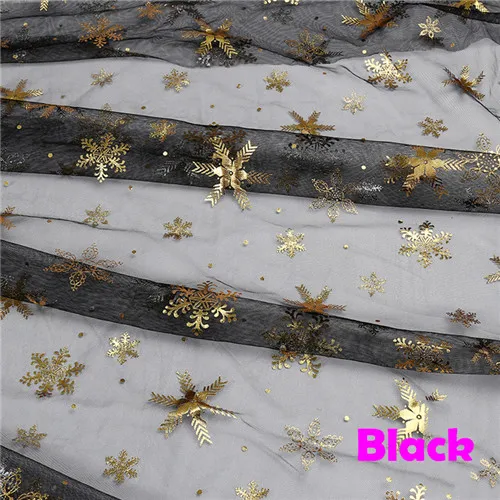 150cmx100cm Colorful Snowflake Soft Tulle Fabric Princess Dress Glitter Fabric New Year Organza Printed Bronzing Fabric Black