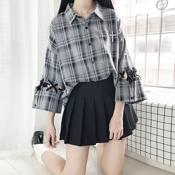 

Harajuku Retro Gray Black Plaid Loose Bandage Hollow Long Sleeve Shirts Japanese Gothic Punk Women Cross Embroidery Blouse Tops
