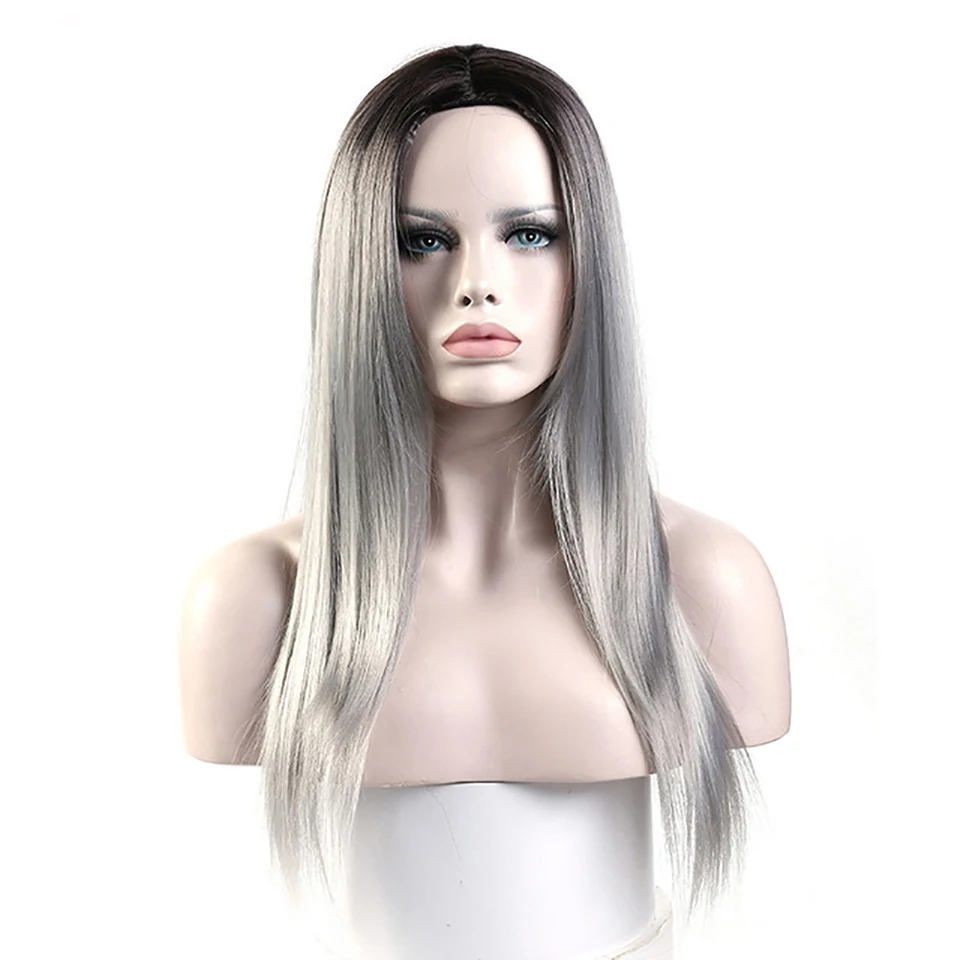 MEIFAN длинные прямые Ombre синтетический парик для женщин черный Омбре серый средняя часть термостойкий косплей парик - Цвет: 9161r
