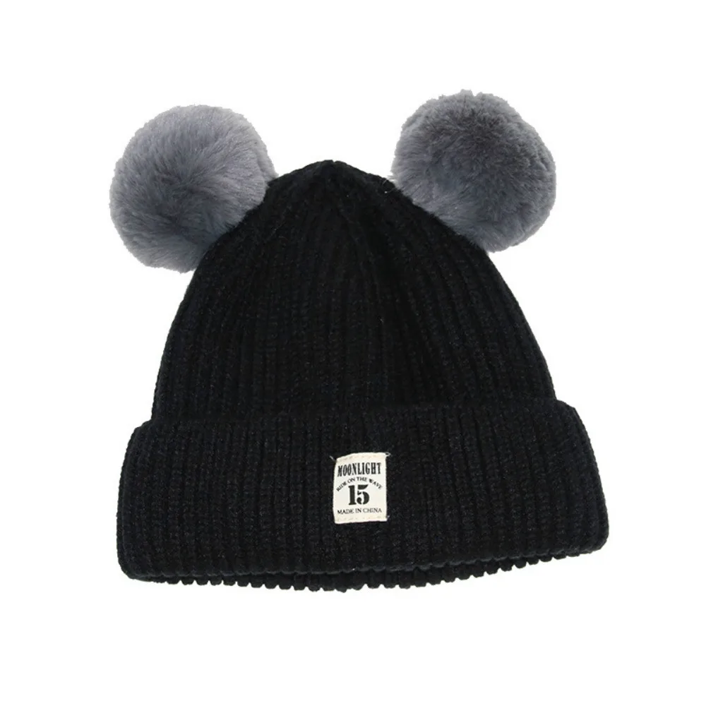 Черный Детские шапки с ушами, теплые, зимние, вязаные кашемировые шляпа из шерсти фетровая шляпа с меховыми помпонами для хеджирования продажи прекрасный - Цвет: Черный