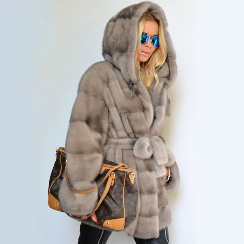 New Winter Real Mink Fur coffee Coats Jacket With hood Women Genuine Full Pelt Winter Warm Elegant Female Jacket