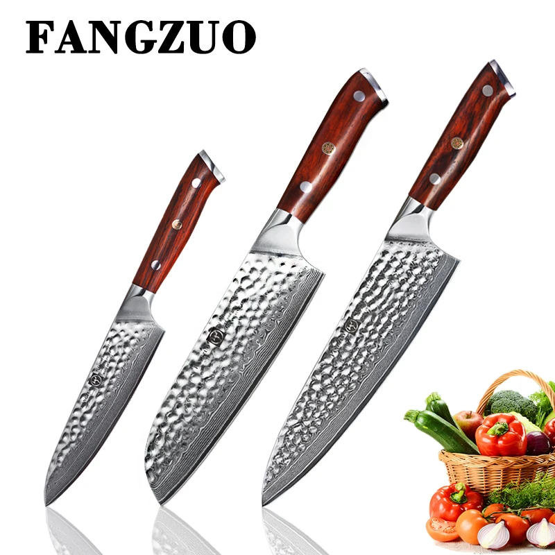 

FANGZUO 3PCS Kitchen Knife Sets Japanese forged Damascus Steel Chef Santoku Knives Stainless Steel Rosewood Handle knife Chef