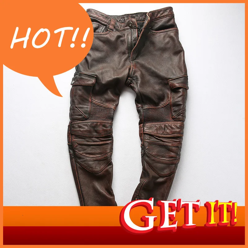 Брюки мужские длинные из натуральной кожи с карманами в винтажном стиле|Кожаные