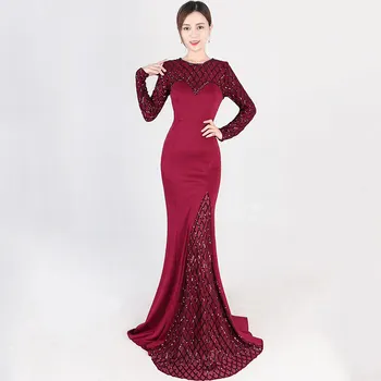 

Elegant Wine Red O Neck Long Sleeve Plaid Sequins Mermaid Party Dress Sexy Ladies Formal Dresses Vintage Women Gowns Club Wear