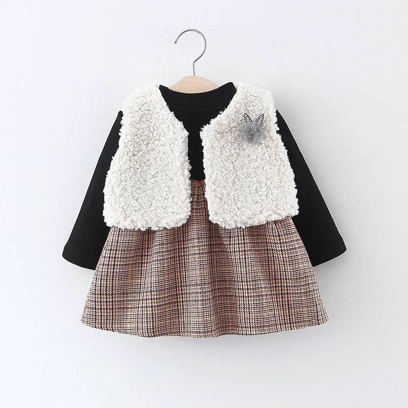 Sodawn Kids Girl Clothes Girl Dress Winter Baby Girl Clothing Sets Infant Toddler Costume Vest+Plaid Dress 2pcs Clothing Sets - Цвет: BT172-Black