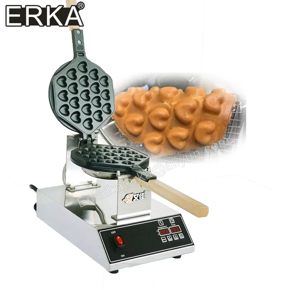 

ERKA directly factory price electric 110V 220V Non-stick bubble egg waffle machine of heart style puff cake oven