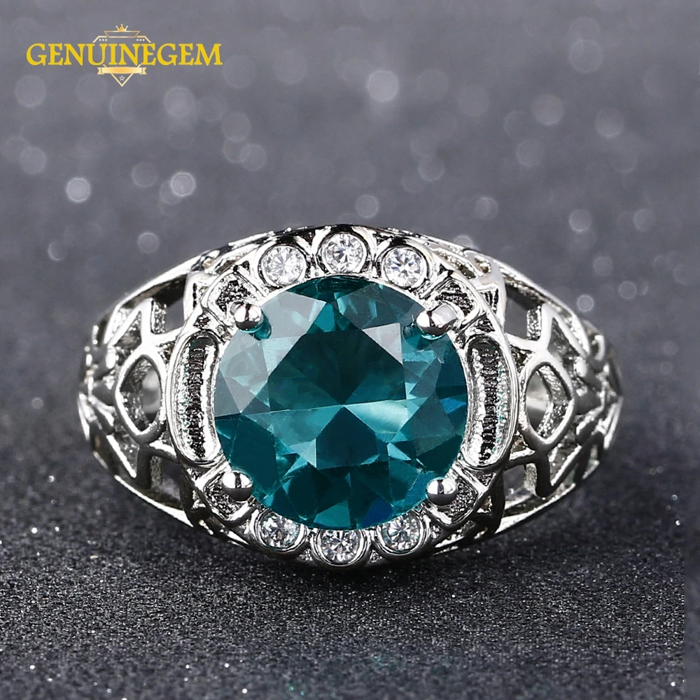 

GENUINEGEM High Quality Created Tourmaline Rings for Women Hollow Silver 925 Jewelry Party Anniversary Gemstone Ring Size 6-10