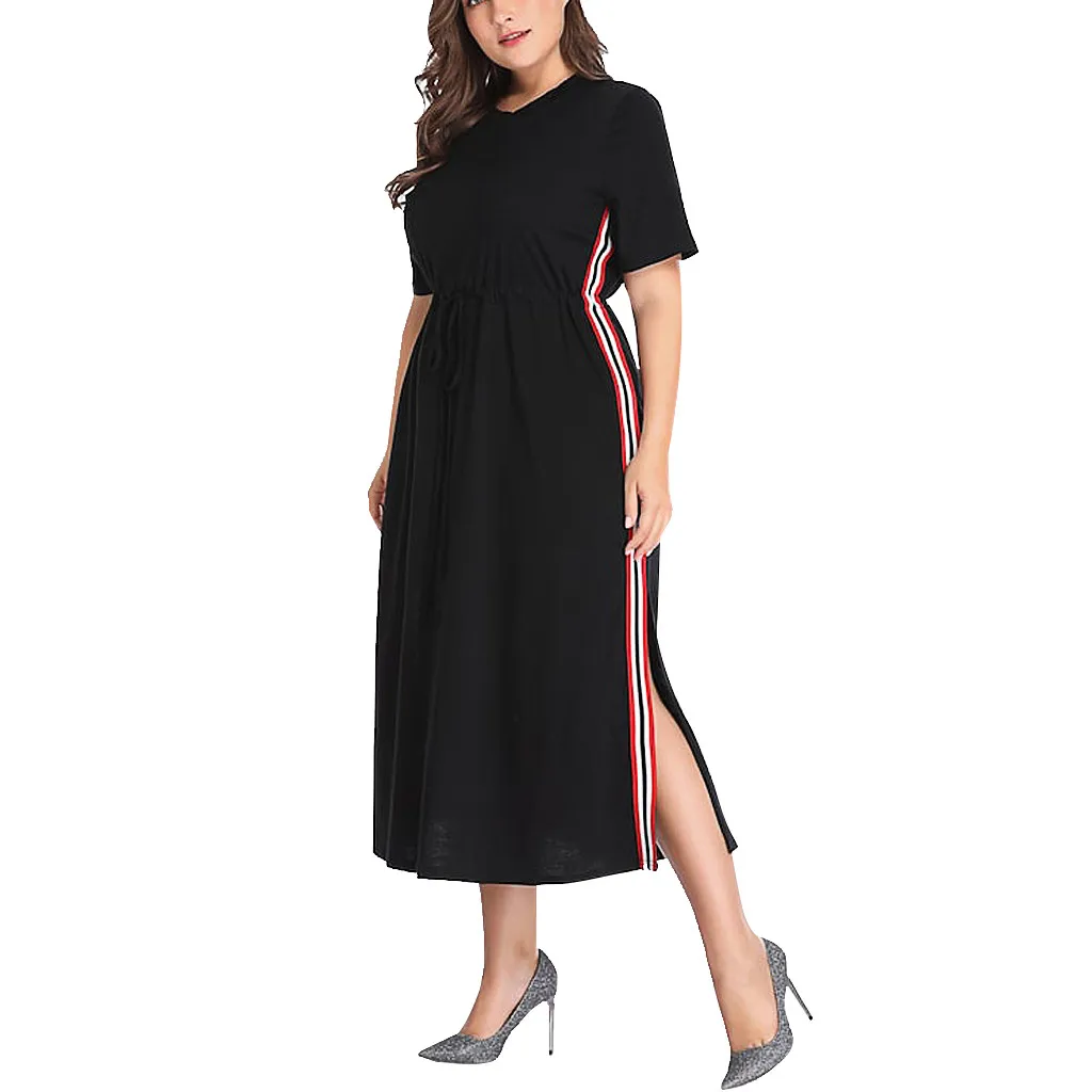 

SAGACE 2019 Summer New Women's Large Size Contrast Color Side Slit O-neck Short-sleeved Dress Fashion Dress Maxi Dresses Summer