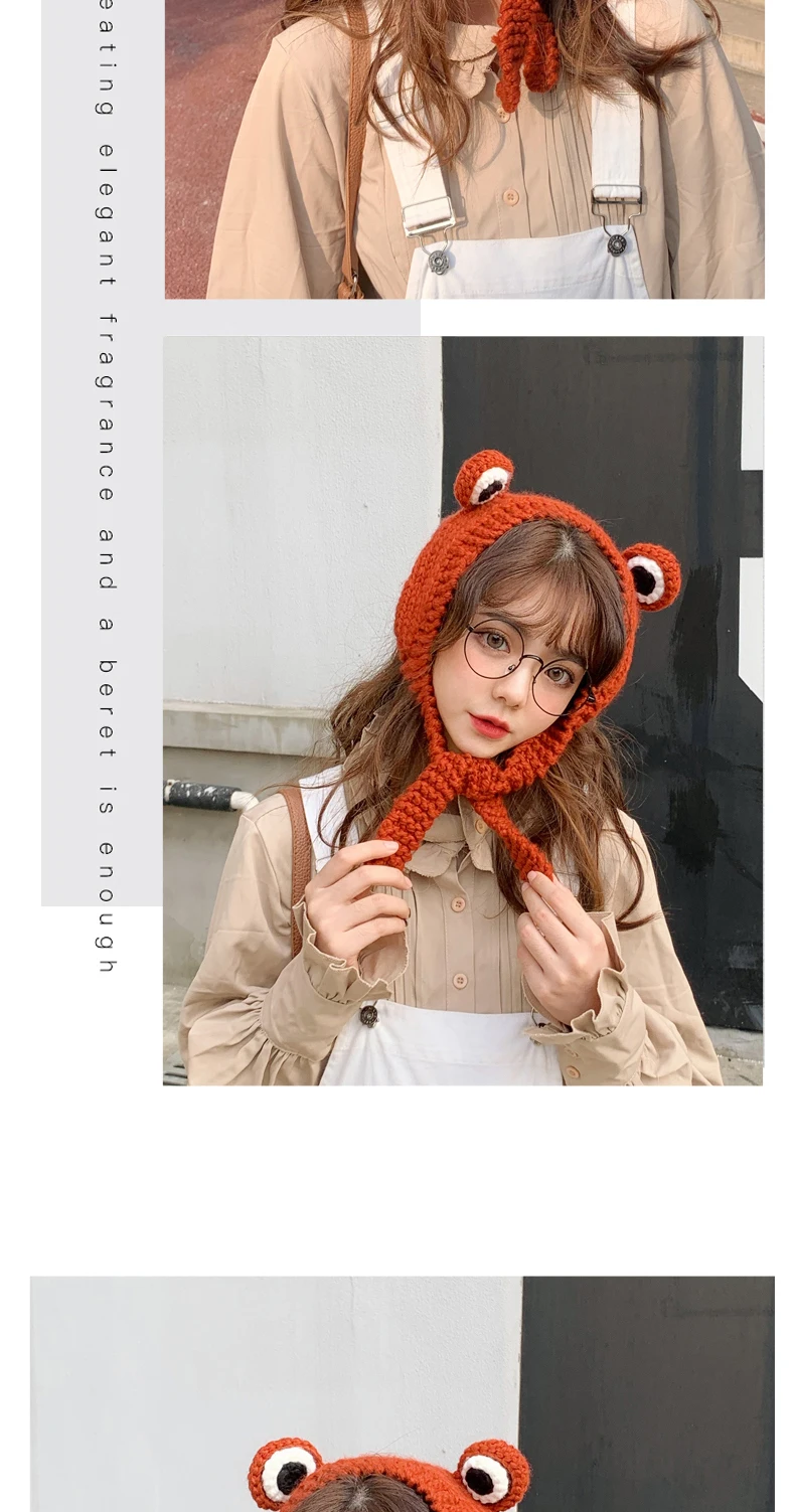 H7735 Frog Knitted Beanie Hat Women Autumn Winter Sweet Cute Warm Korean Headpiece Student Girl High Quality Fashion Thick Hats