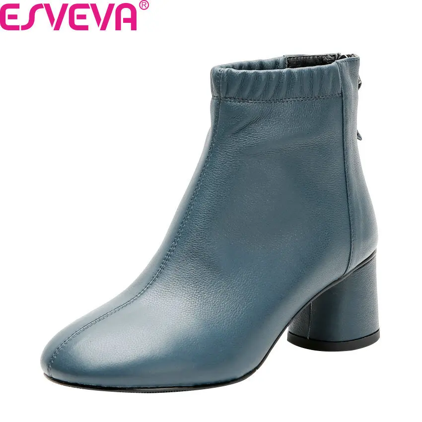 

ESVEVA 2020 New Autumn Winter Fashion Square High Heel Zipper Women Shoes Cow Leather Round Toe All Match Ankle Boots Size 34-41