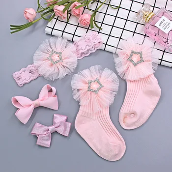 

Exquisite Gift Packaging Newborn Baby Lace Sock Girls Soft Socks Baby Sweet HairBand+Non-slip Socks+hair Pin 4PCS 0-3Y