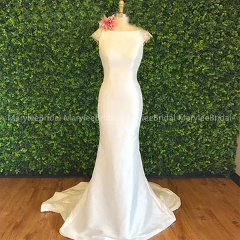 

Simple Mermaid Bridal Dress Cap Sleeves robe de mariée See-through Buttons Back vestido de casamento Chapel Train Wedding Dress