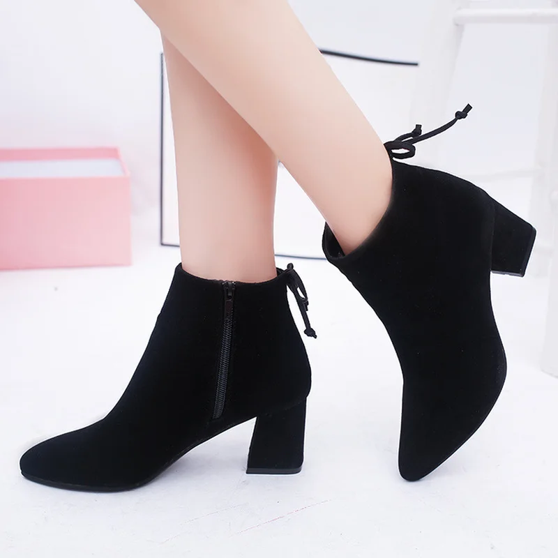 

Pop Womens Short Boots Female Pointed Toe Thick Heel High Heel Ankle Boots Flock Zipper Single Boots Autumn Size 563