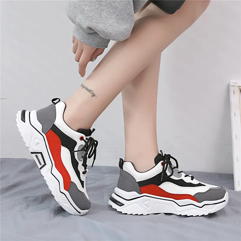 

2020 Ladies Walking Sneakers Women Spring Autumn PU Leather Lace-up Platform Chunky Shoes Woman Breathable Shoes Casual Shoes