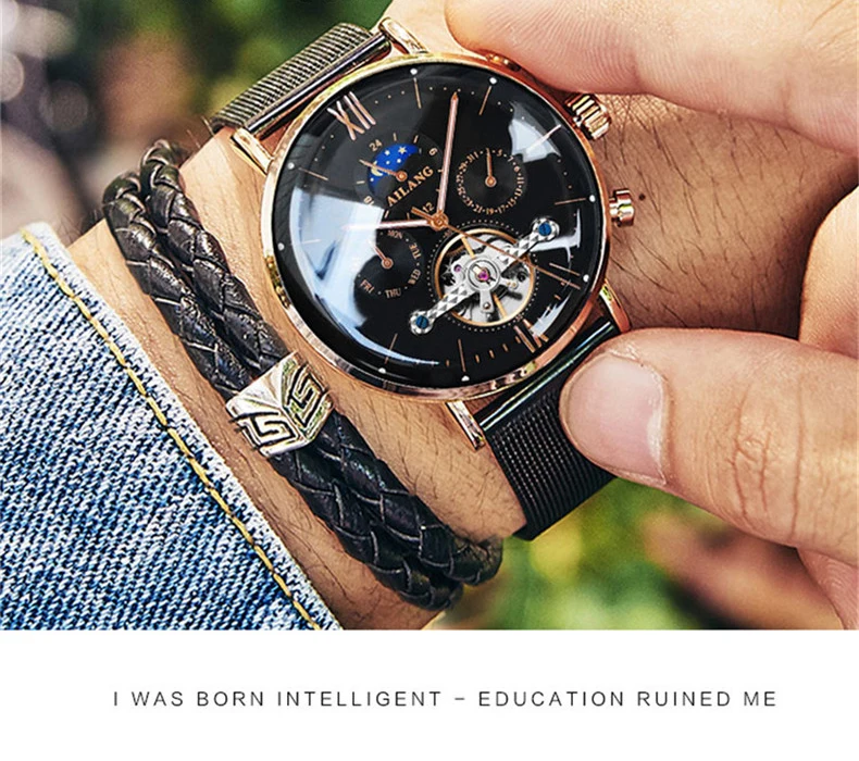 AILANG Uomo Automatico Meccanico Tourbillon di Lusso da Polso Uomo Cintura in Maglia di Acciaio Inossidabile es es_voghion.com