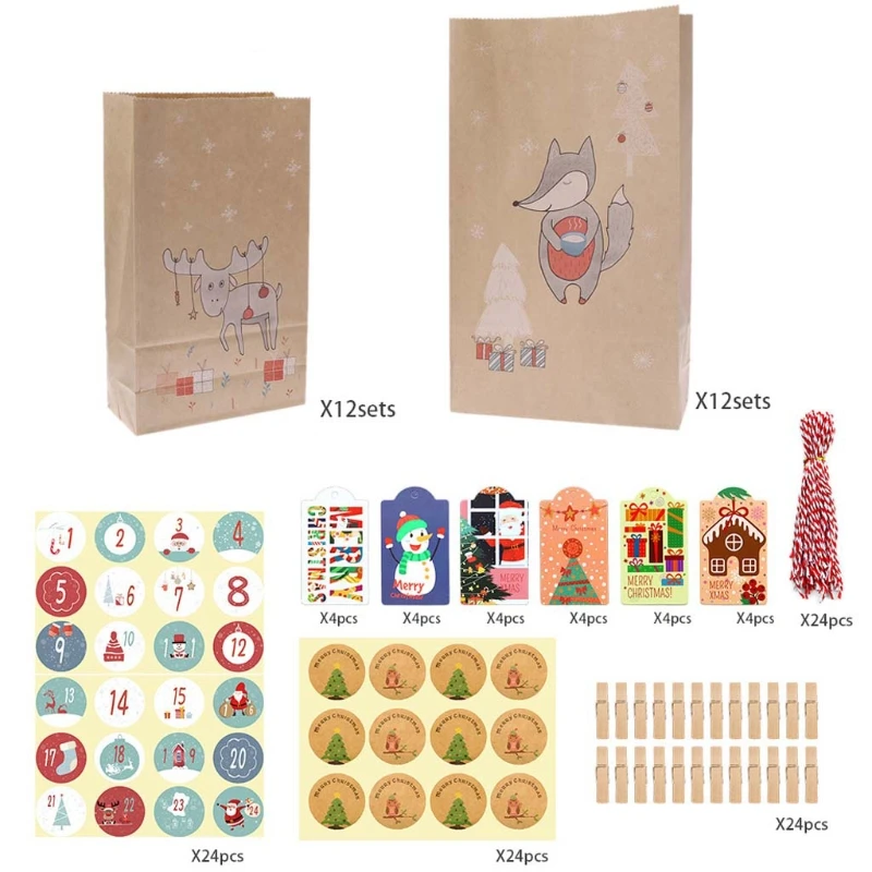

24 Sets Christmas Deer Kraft Paper Candy Gift Bags with Stickers Tags Clip Ropes Packaging Box Storage Decoration